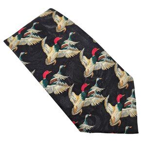 Studio 890 Mens Silk Tie Duck Pattern Black Background Multicolor Vintage